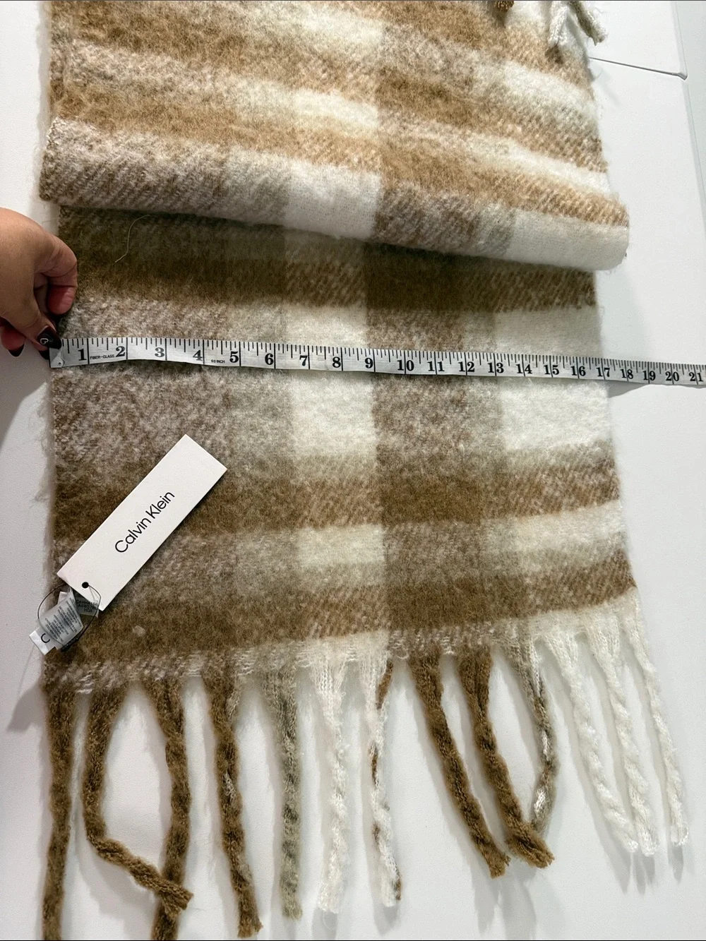Calvin Klein Cream & Brown Plaid Fringe Throw Scarf 74 X17 inches